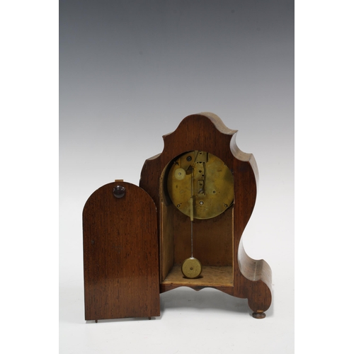 396 - Early 20th century marquetry mantel clock, silvered circular dial with Roman numerals,  23cm