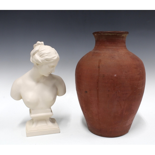 402 - Terracotta vase, 33cm, together with a white female head and shoulders bust (2)