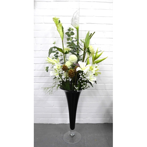 408 - Large black glass vase, 55cm, with artificial flowers