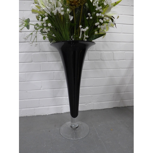 408 - Large black glass vase, 55cm, with artificial flowers