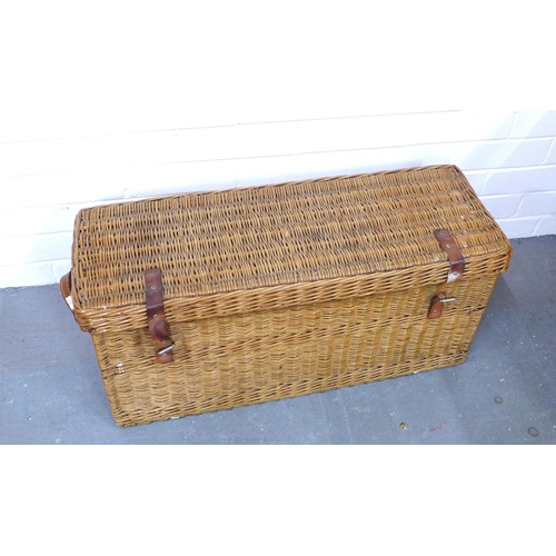 413 - Vintage Coracle wicker picnic basket with contents, 72 x 32 x 27cm