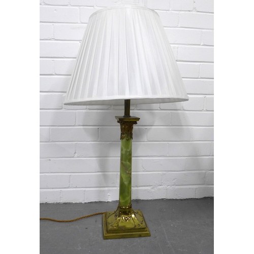 418 - Onyx and Arts & Crafts brass table lamp, with shade, 57cm