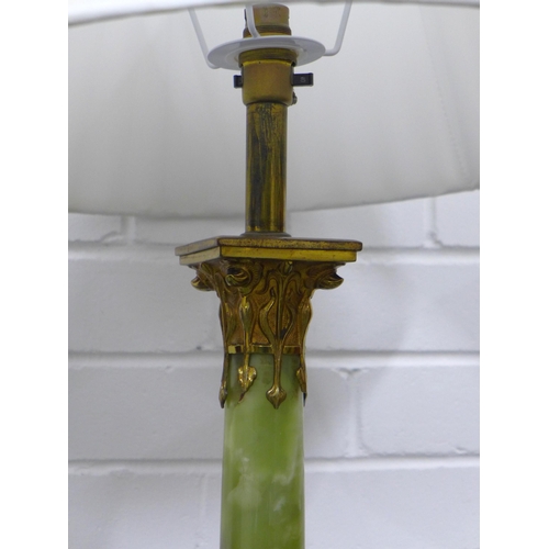 418 - Onyx and Arts & Crafts brass table lamp, with shade, 57cm