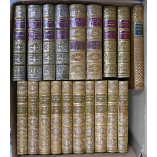 422 - Collection of leather bound books, including DE Quincey's Works, George Eliot's Novels, Robert Brown... 