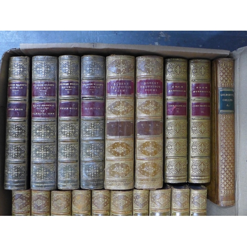 422 - Collection of leather bound books, including DE Quincey's Works, George Eliot's Novels, Robert Brown... 