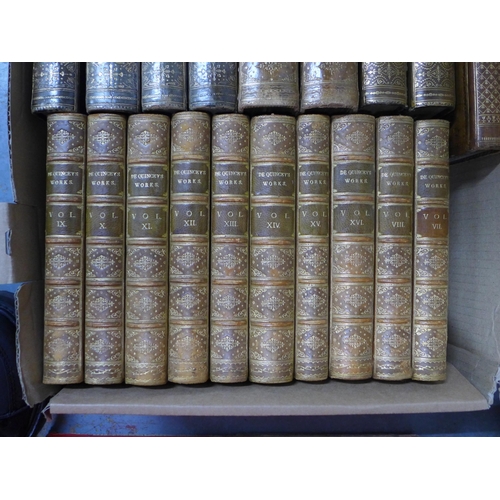 422 - Collection of leather bound books, including DE Quincey's Works, George Eliot's Novels, Robert Brown... 