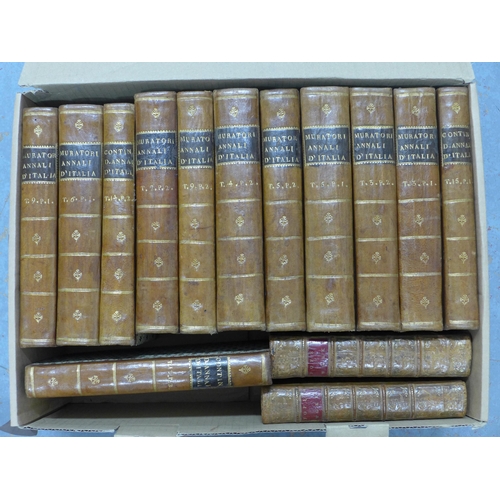 423 - Collection of leather bound books, including Muratori Annali D'Italia, largest 22 x 14 (14)