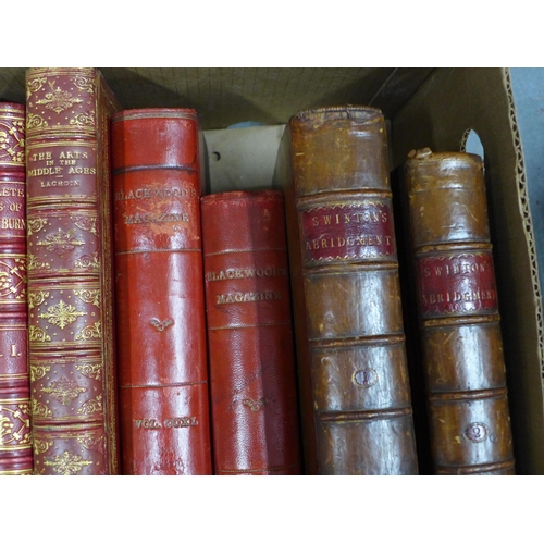 424 - Collection of leather bound books, including Complete Works of Robert Burns, Blackwood Magazine, Gra... 