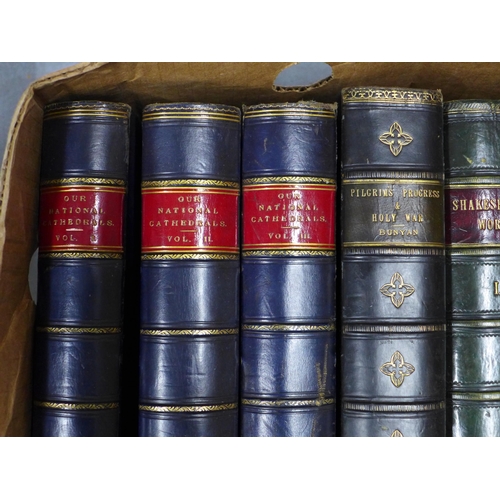 425 - Collection of leather bound books, including Our National Cathedrals, Shakespeare's Works, The Compl... 