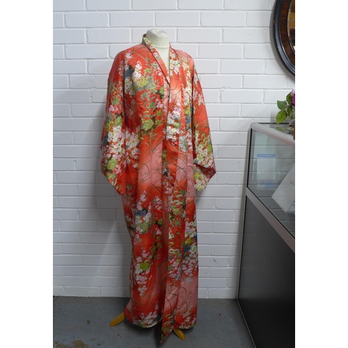 433 - Orange floral kimono, 140cm from collar to hem