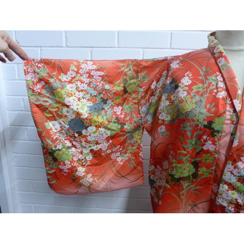 433 - Orange floral kimono, 140cm from collar to hem