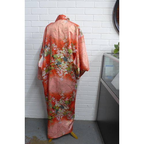 433 - Orange floral kimono, 140cm from collar to hem