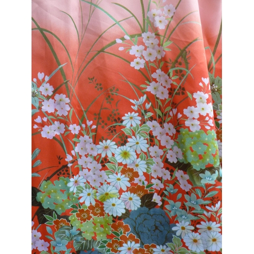 433 - Orange floral kimono, 140cm from collar to hem