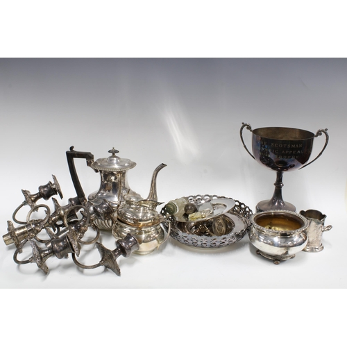 438 - Carton containing a quantity of Epns and silver plate to include a trophy cup, part candelabras, tea... 