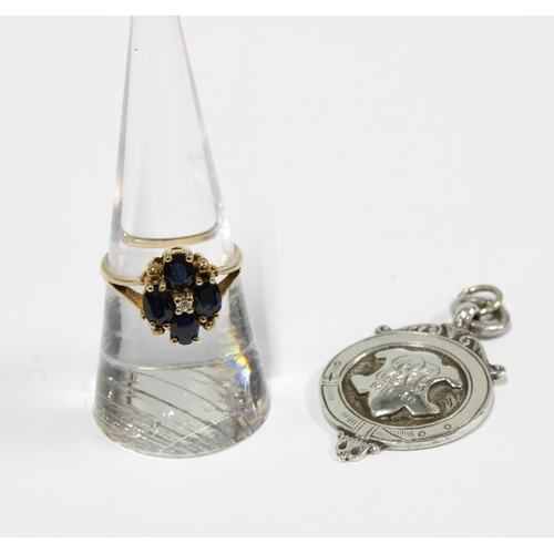 44 - 9ct gold sapphire and diamond cluster ring, size N, together with a silver fob medallion (2)