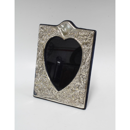 57 - Sterling silver photograph frame, heart shaped glazed panel, stamped 925, 19 x 14cm