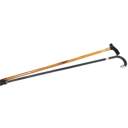 65D - A walking cane with yellow metal mount and faux tortoiseshell handle together with a silver mounted ... 