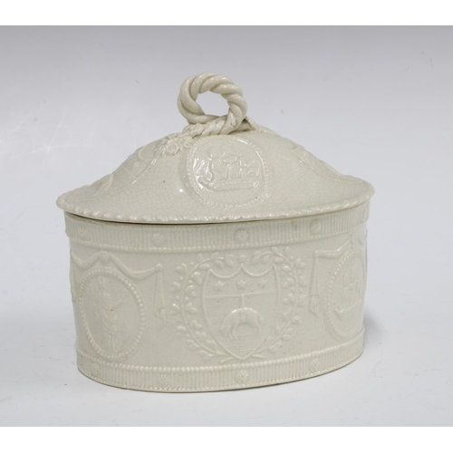 82 - Leeds Pottery creamware oval box and cover with original drainer, relief decorated with Leeds City c... 