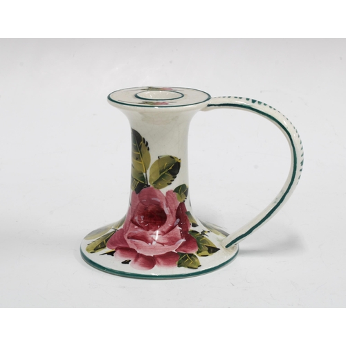 85 - Wemyss pottery chamber candlestick decorated with cabbage roses, green script backstamp, 9cm