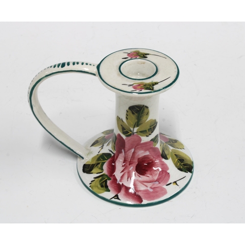 85 - Wemyss pottery chamber candlestick decorated with cabbage roses, green script backstamp, 9cm