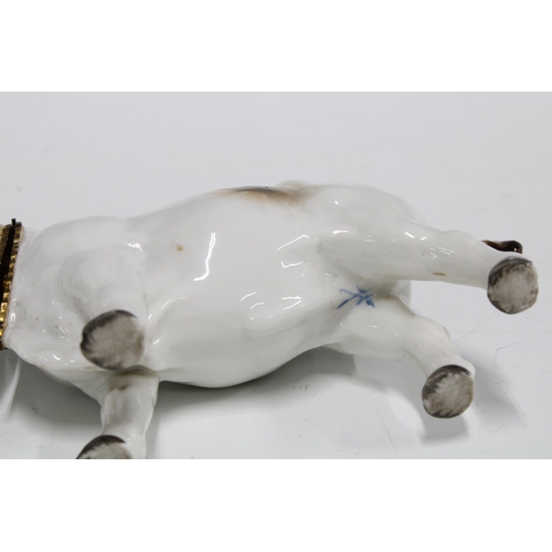 87 - Gilt metal mounted porcelain table snuff in the form a bull, with blue crossed swords mark but likel... 