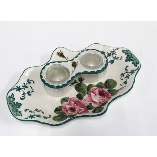 88 - Wemyss pottery desk inkstand with cabbage roses pattern and two glass wells, impressed mark and Thom... 