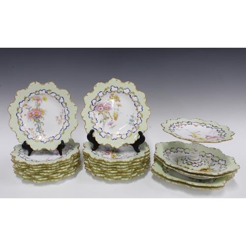 93 - Royal Crown Derby porcelain dessert service, with handpainted floral sprays and wavy gilt edged rims... 