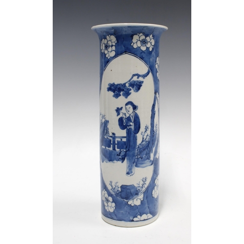 95 - Chinese blue and white sleeve vase with a figural panel against a prunus ground, 30cm