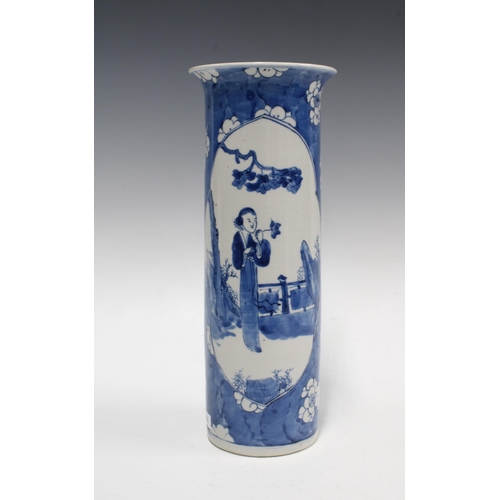 95 - Chinese blue and white sleeve vase with a figural panel against a prunus ground, 30cm