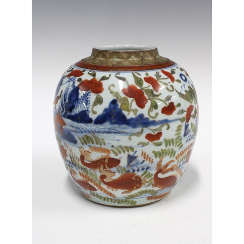 97 - Chinese blue and white jar with iron red pattern of fish and foliage, (lacking its cover and with ha... 