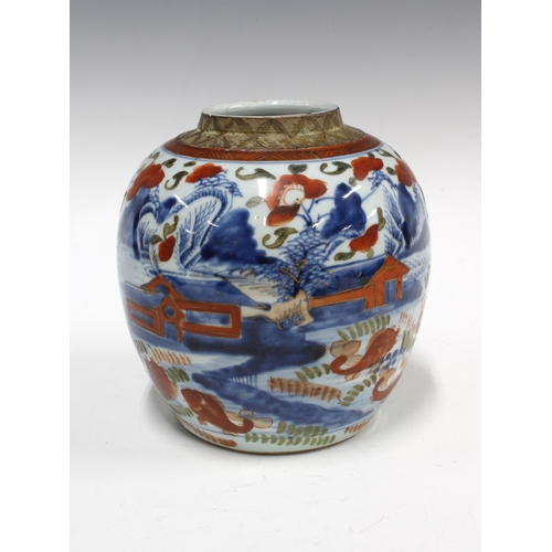 97 - Chinese blue and white jar with iron red pattern of fish and foliage, (lacking its cover and with ha... 