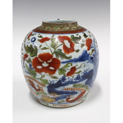 97 - Chinese blue and white jar with iron red pattern of fish and foliage, (lacking its cover and with ha... 