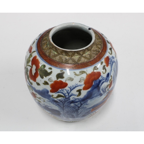 97 - Chinese blue and white jar with iron red pattern of fish and foliage, (lacking its cover and with ha... 