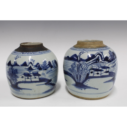 99 - Two Chinese provincial pottery blue and white jars, 17cm (2)