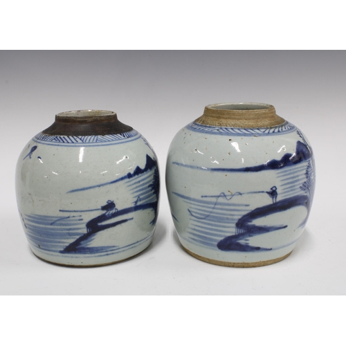 99 - Two Chinese provincial pottery blue and white jars, 17cm (2)