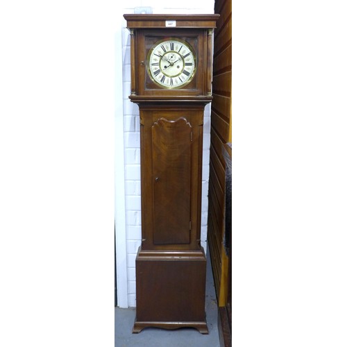 447 - Mahogany cased Grandmother clock, with weights and pendulum 137 x 36cm