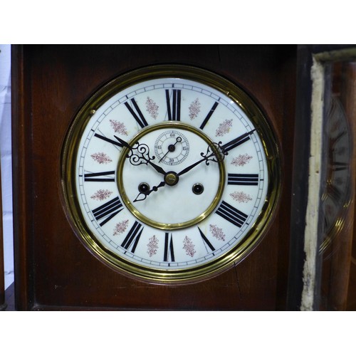 447 - Mahogany cased Grandmother clock, with weights and pendulum 137 x 36cm