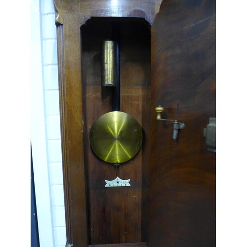 447 - Mahogany cased Grandmother clock, with weights and pendulum 137 x 36cm