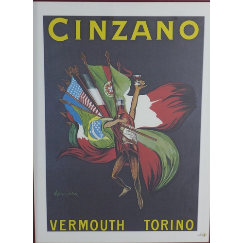 445 - Set of three reproduction Cinzano posters, framed under glass, size overall including frames 48 x 70... 