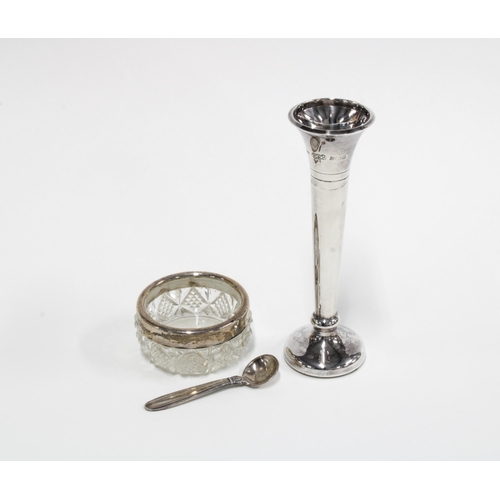 2 - A small silver bud vase, 11cm high, a silver mounted glass salt and a Scandinavian silver condiment ... 