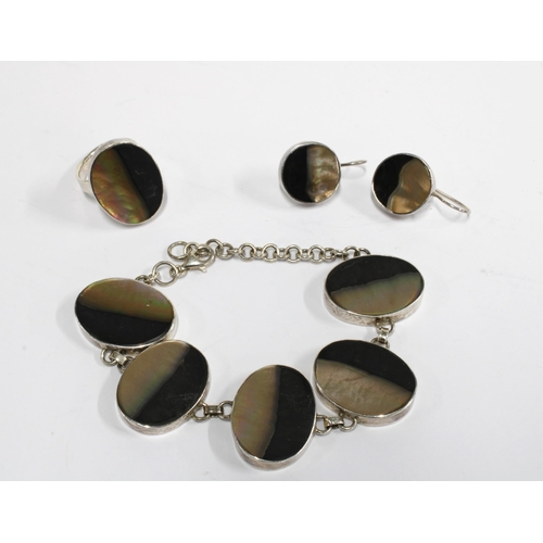 31 - Silver bracelet with five oval shell panels, stamped 925,  together with matching drop earrings and ... 