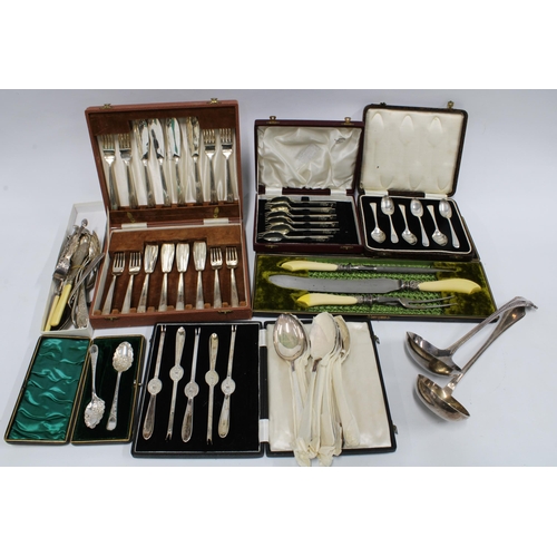 373 - Box containing EPNS and silver plated flatware to include lobster picks and soup ladles, etc