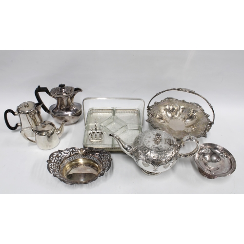 374 - Box containing EPNS wares to include a swing handled basket, part teaset, serving dishes, etc .