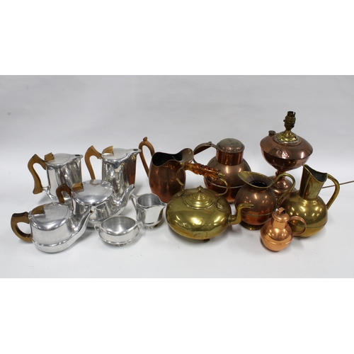 375 - Box containing a Piquot Ware tea and coffee set , copper jugs, lamp, brass wares, etc .