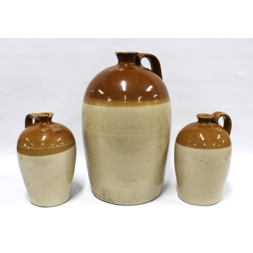 391 - 19th century Buchan stoneware pottery whisky flagons inscribed Balbirnie, 32 x 50cm. (3)