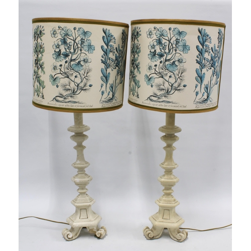 394 - Pair of knop stemmed table lamps with blue and white botanical shades,  32 x 75cm. (2)