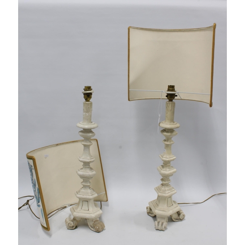 394 - Pair of knop stemmed table lamps with blue and white botanical shades,  32 x 75cm. (2)