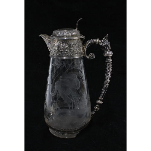 45 - Victorian silver mounted and etched glass claret jug, London 1883, losses to the glass footrim, 28cm... 