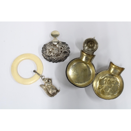 49 - Silver squirrel rattle with faux ivory teething ring, Chester 1955, silver caddy spoon and an early ... 