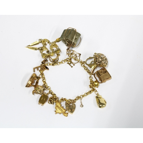 5 - 9ct gold charm bracelet with a collection of charms mostly stamped 375